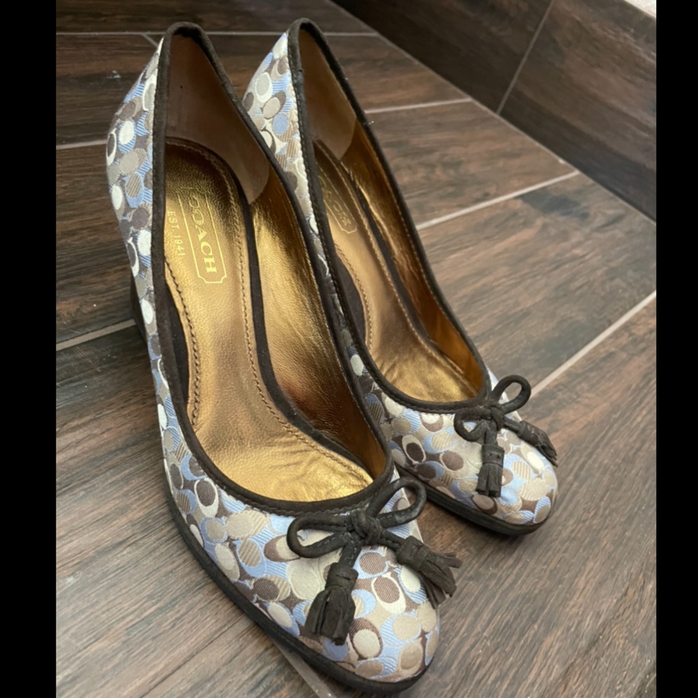 Coach Signature Jacquard Wedge Pumps in Blue, Brown, Cream - Picture 2 of 7